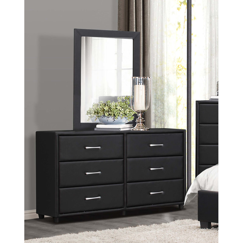 black leather dresser with mirror Latitude Run® 1pc 6x Drawers Faux Upholstery Plywood Engineered Wood black vanity mirror with lights