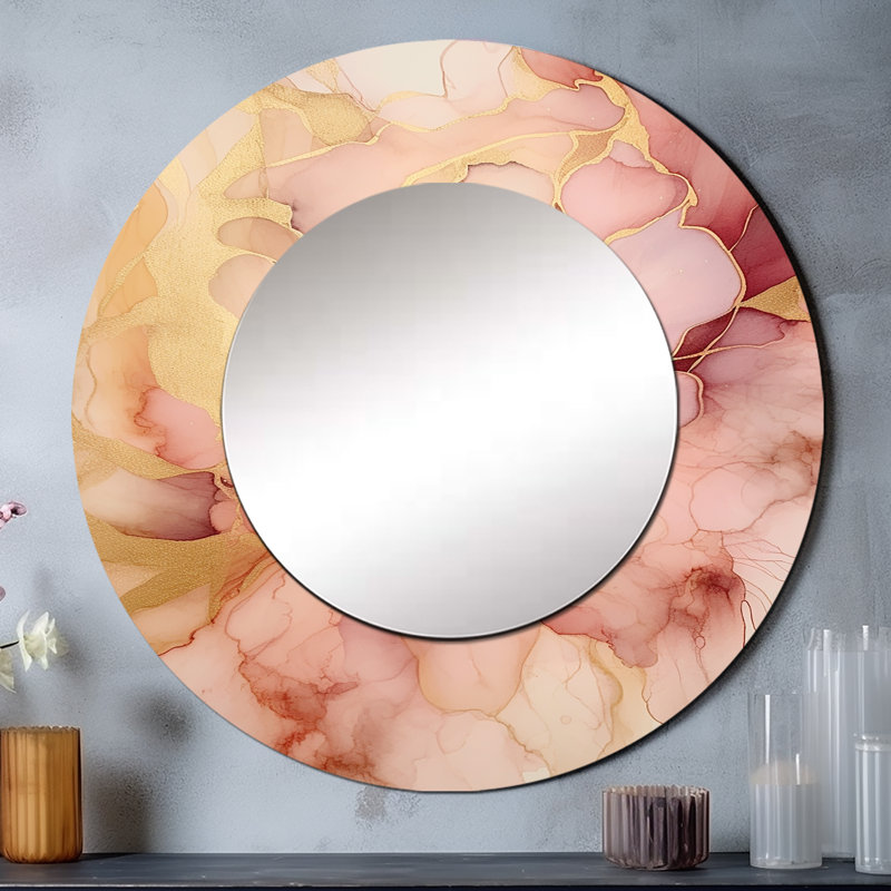 «Blue Pink Luminous Liquids II», miroir mural décoratif abstrait, miroir rond moderne, impression d'art en métal