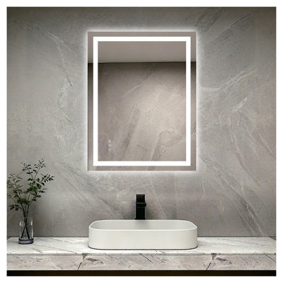 Miroir de salle de bain DEL 71 x 91 cm avec éclairage avant et arrière, miroir de courtoisie à intensité variable avec 3 températures de couleur, fonction antibuée et mémoire, étanche IP44, montage horizontal ou vertical