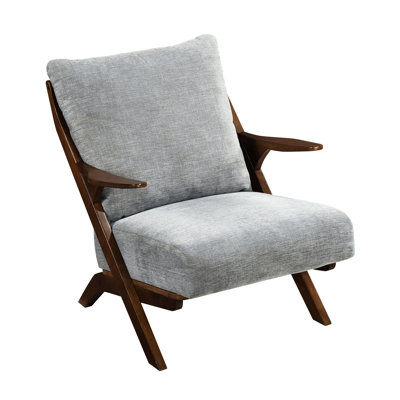 Chaise rembourrée en chenille gris de style Mid-Century moderne, structure en bois massif brun, capacité de 300 lb, siège confortable, support en bois d'hévéa d'appoint à configuration simple, support de 300 lb, facile à assembler