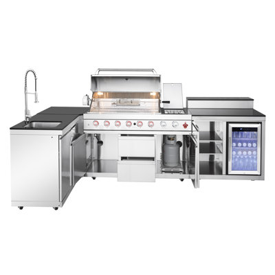 Barbecue pour îlot de cuisine en acier inoxydable à 6 brûleurs 99000 avec évier, rangement, réfrigérateur, armoire d'angle, arrière pour rôtir, cuisson latérale, housses de protection contre les intempéries, fabrication