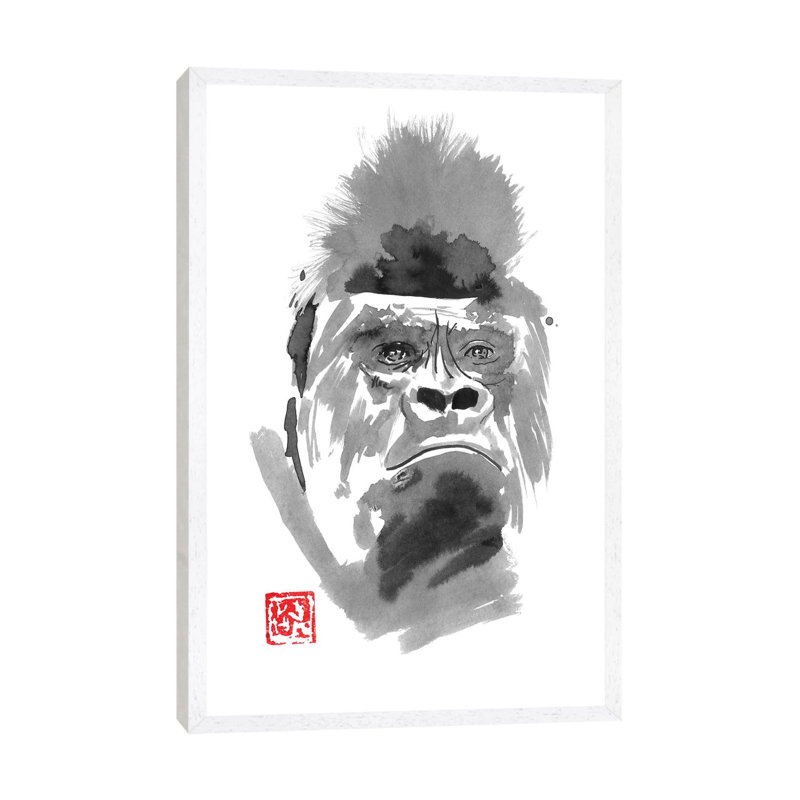 Concerned Gorilla by Péchane - Painting on Canvas, White Framed, 101.6 cm H x 66.04 cm W