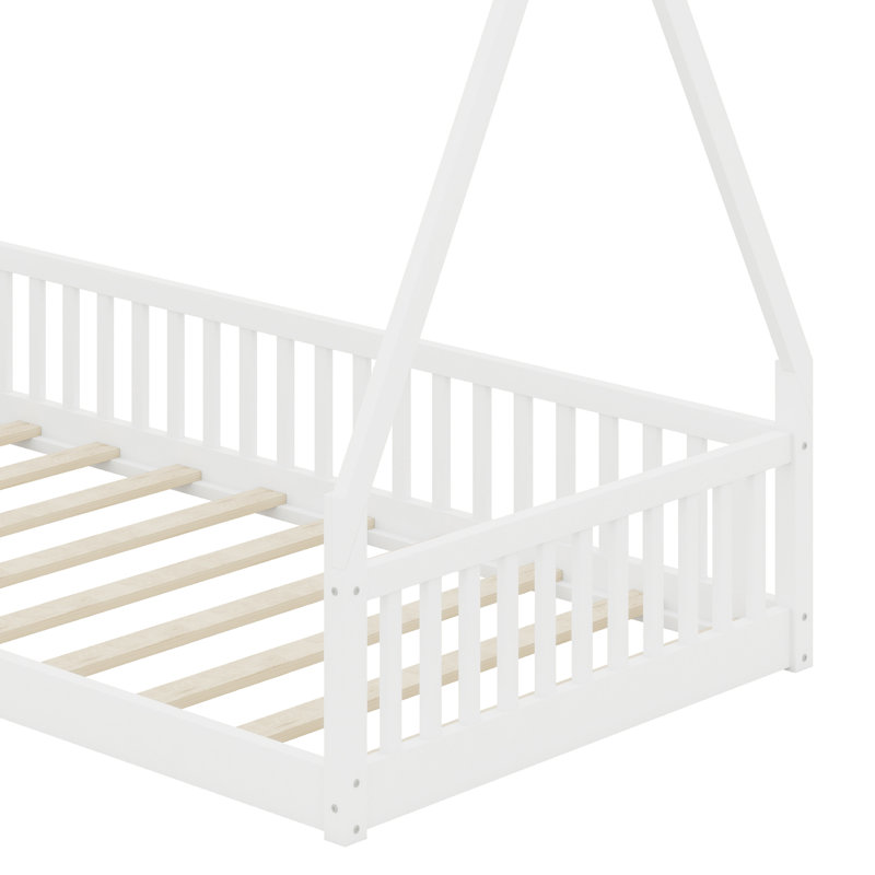 Lit en bois avec clôture, tête de lit et pied de lit, Blanc