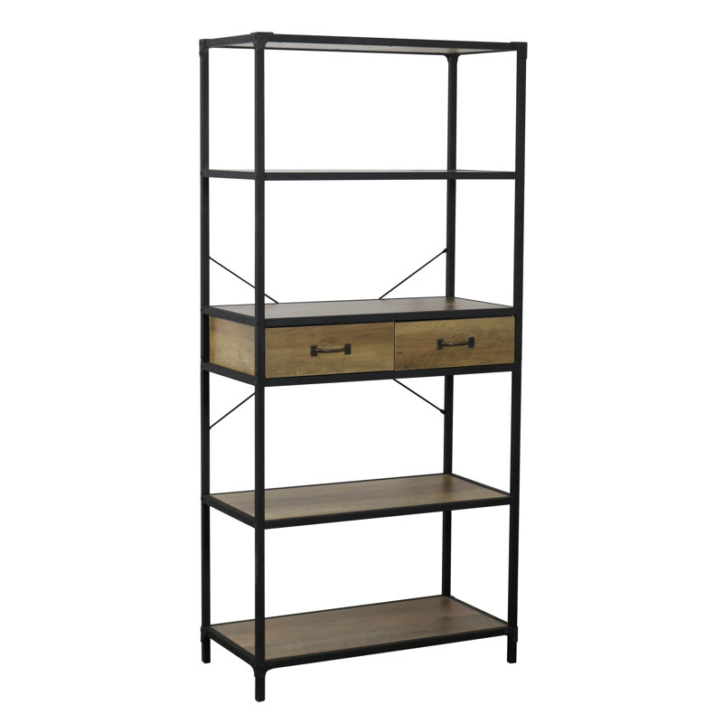 68.5" H x 31.5" W 5-Tier Etagere Bookcase with 2 Drawers, Black Metal Frame