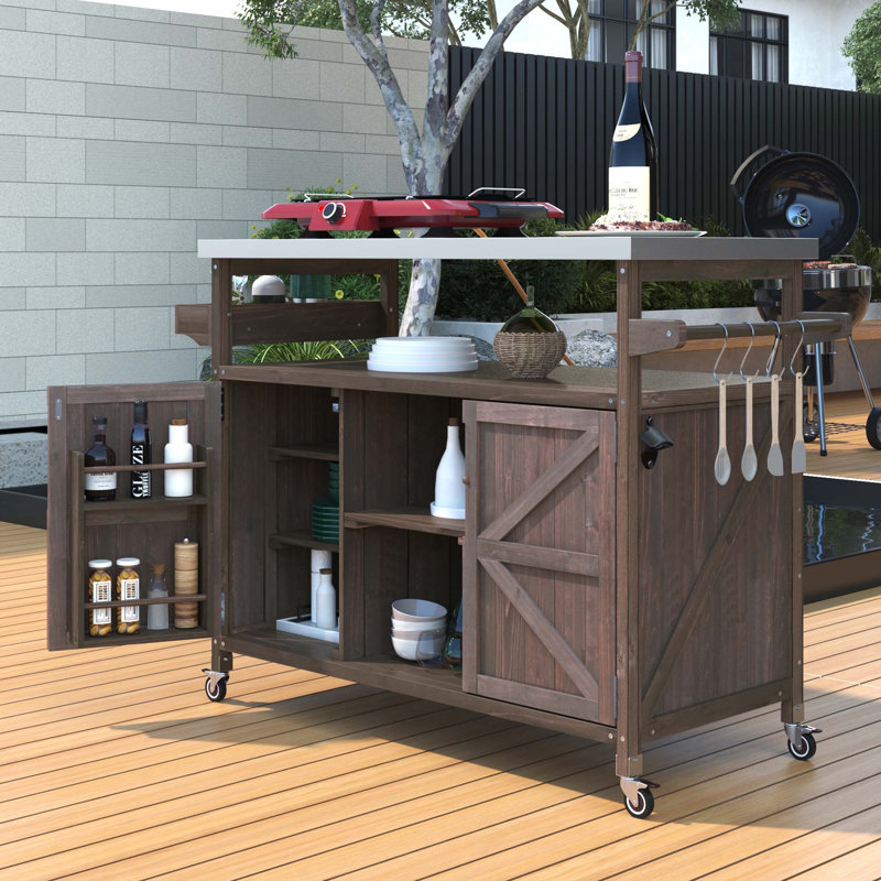 Outdoor Kitchen Island, Rolling Bar Cart & Storage Cabinet, Farmhouse Solid Wood Outdoor Grill Table with Stainless Steel Top, Spice Rack , Towel Rack for Kitchen & Barbecue