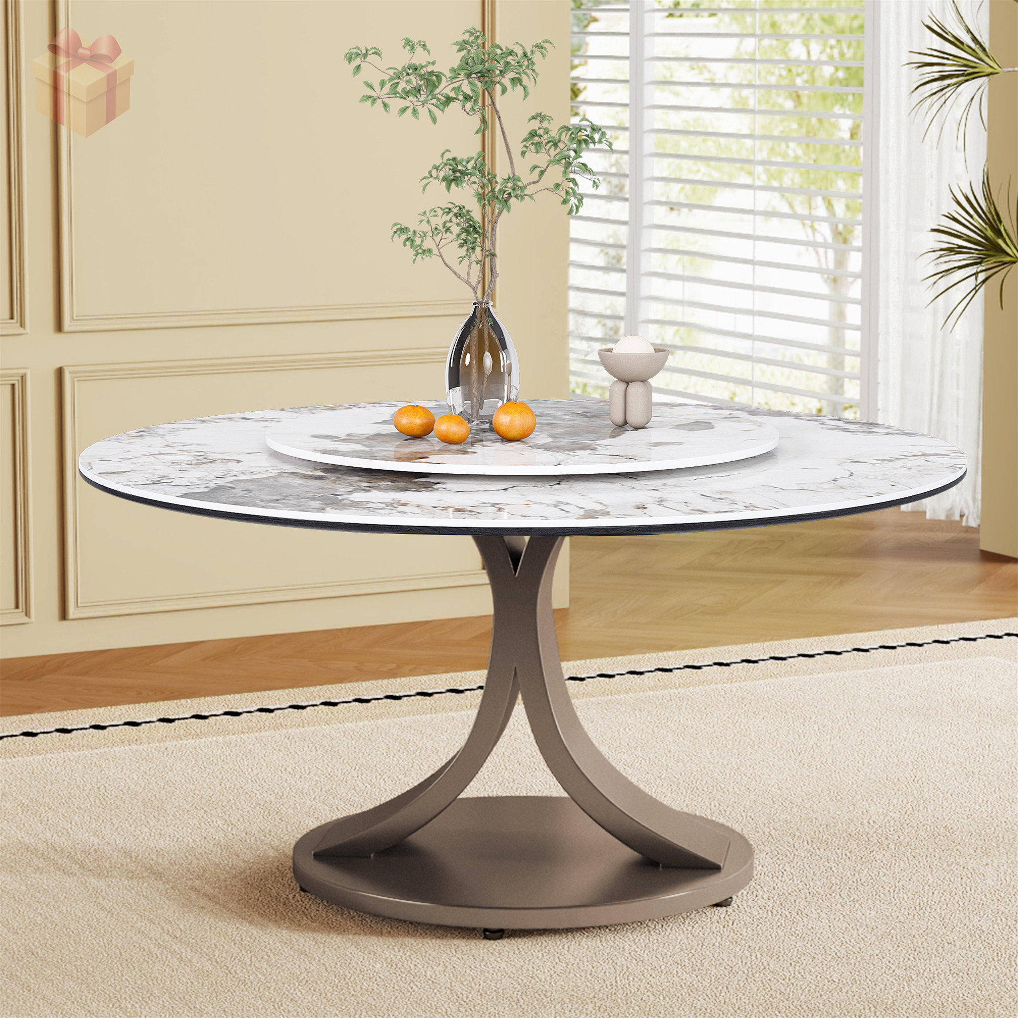 Brayden Studio Round Sintered Stone Dining Table with Rotating Lazy ...