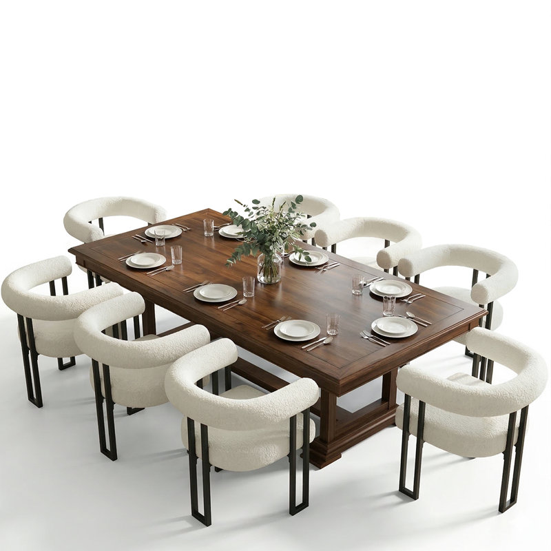 Modern Boucle Upholstered Dining Chairs, Curved Open-Back Armchairs With Black Metal Legs, 8
