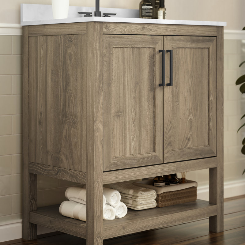 Ensemble de meuble-lavabo simple autoportant avec lavabo encastré et tablette de rangement ouverte Ajmer, Brun, Noir mat
