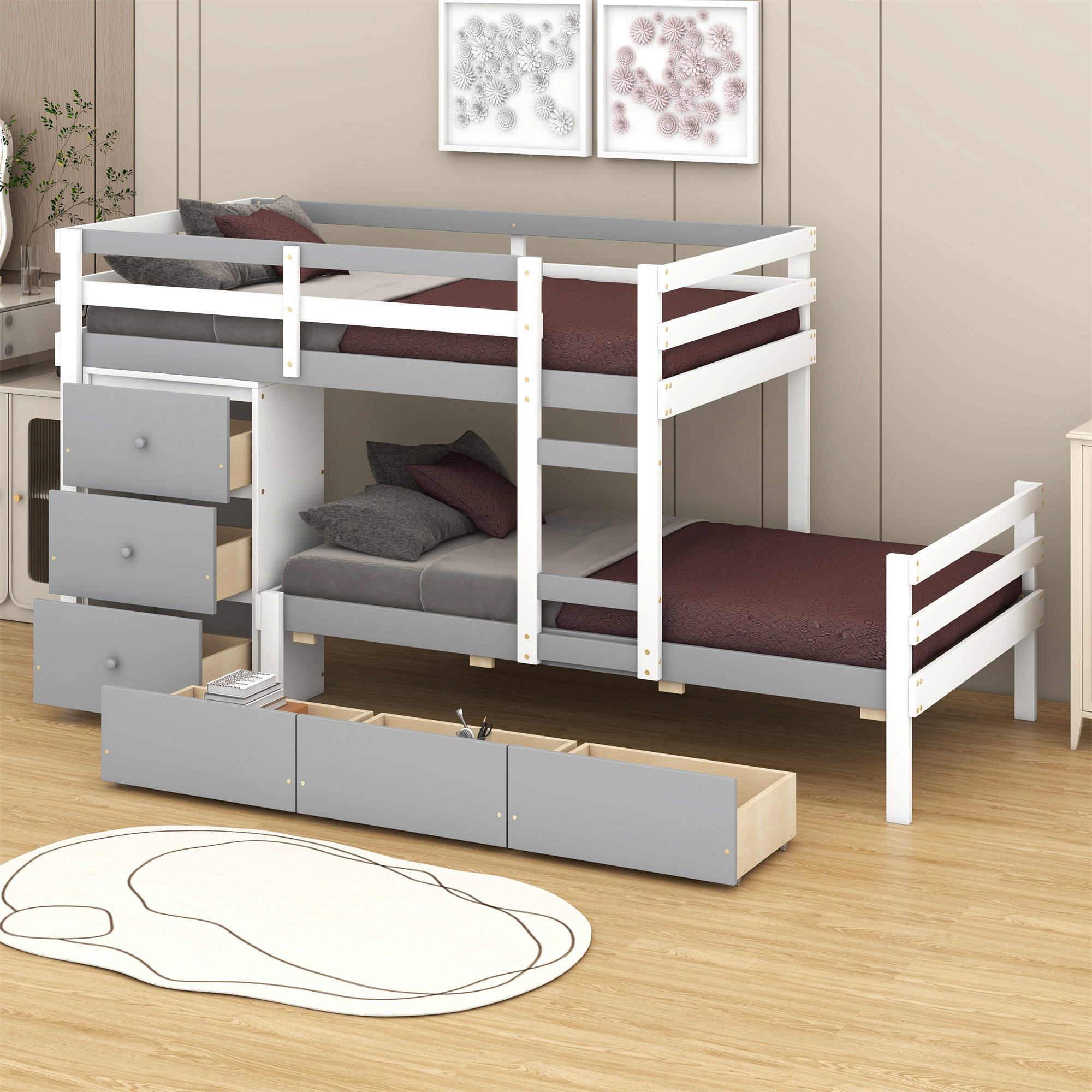 Harriet Bee Jakir Kids Twin Over Twin Wooden Loft Bunk Bed with Drawers ...
