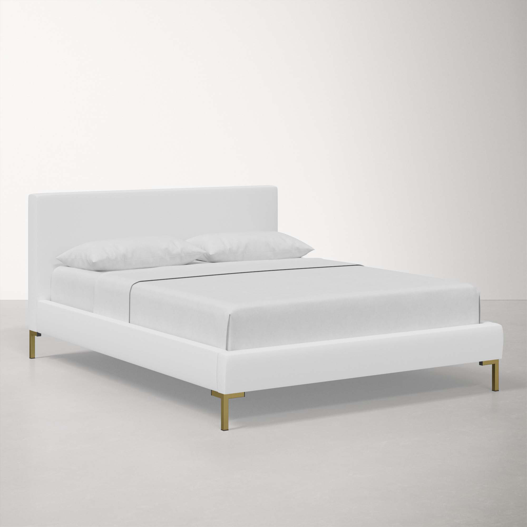 Rand Upholstered Bed, Twin, White Performance Twill, Brass