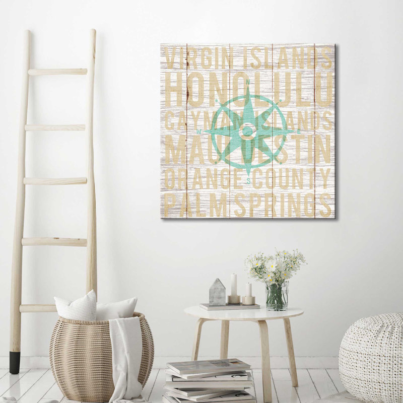 «Bon Voyage Compass», art textuel, H 24 po x l 24 po x P 1,5 po, Toile tendue