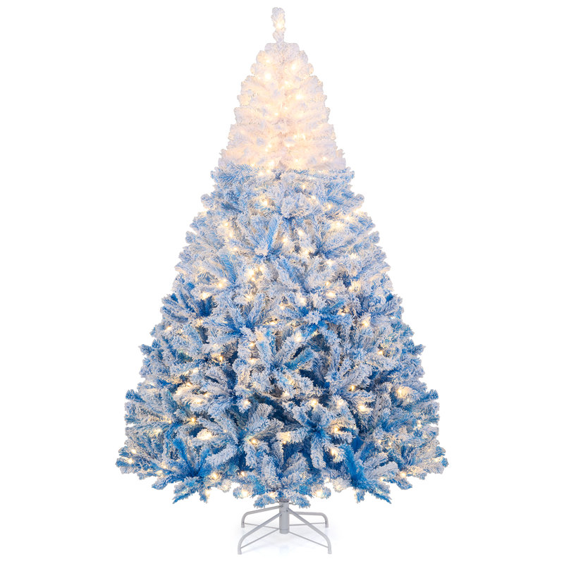 Arbre de Noël artificiel 7 pi avec 350 lumières DEL blanc chaud, 8 modes d'éclairage et base pliante en métal blanc et bleu