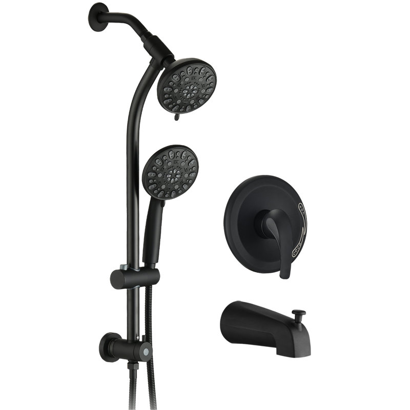 Douche à barre coulissante en acier inoxydable, deux têtes de douche, noir mat, débit de 1,8 gallon par minute, débit de décoloration, caractéristique de l'eau