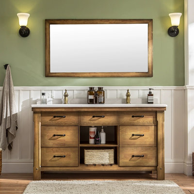 66.93" Brown Rectangular Marble Top Solid Wood Bathroom Vanity