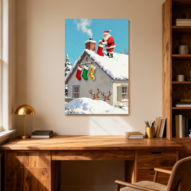 Père Noël sur le toit avec des bas et des rennes, H 18 po x l 12 po