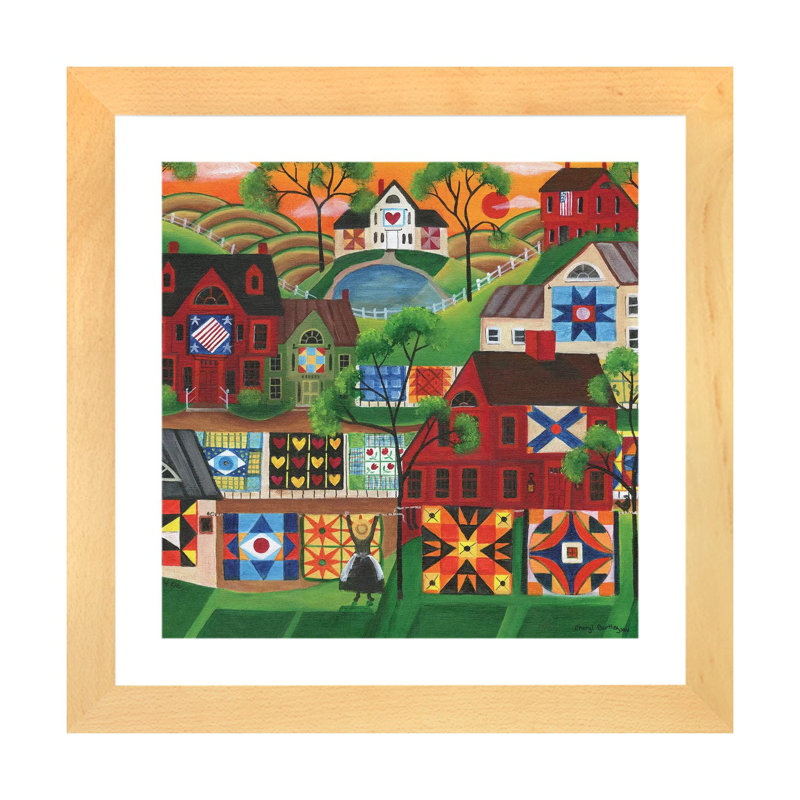 " Mama's Colorful Quilts " by Cheryl Bartley, White, Beige Wood Framed Paper, 16" H x 16" W x 1" D