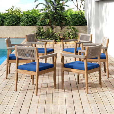 Ensemble de 6 chaises de salle à manger d'extérieur en bois d'acacia - aspect teck avec corde beige et coussins bleu marine, meubles de patio toutes saisons pour le jardin, la piscine et la cour (durables et élégants)