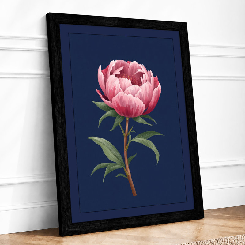 Peony in Navy Botanical - Framed Print, Black, A3 - 42.0 x 29.7 cm