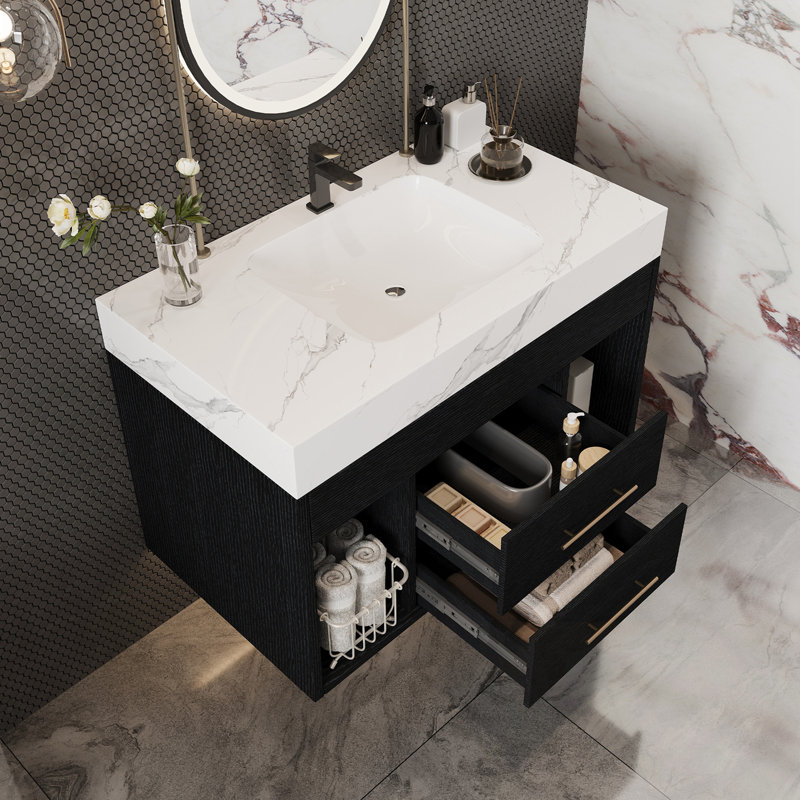 Meuble-lavabo mural avec lavabo, 2 tiroirs et tablette ouverte, Noir