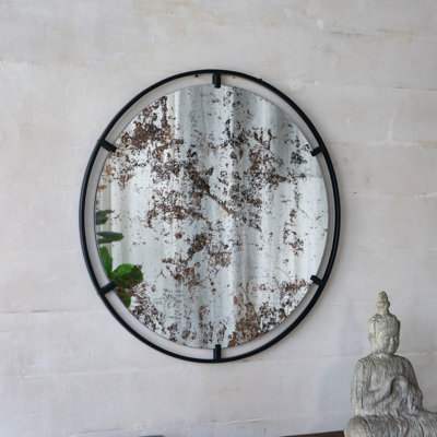 31.5" Industrial Round Wall Mirror with Metal Frame, Theodor Rustic Contrast Leaner Mirror, Antique Decor for Entryway, Living Room & Console