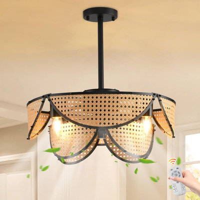 20" Boho Caged Ceiling Fan With Light And Remote, Layered Rattan Enclosed Flush Mount Boho Ceiling Fans Lights, Low Profile 6 Speed Reversible Fandelier For Bedroom Kitchen Living Room Nursery