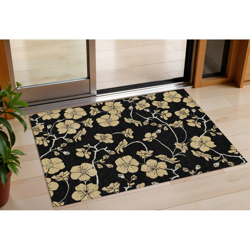 Tapis extérieur lavable floral noir et doré 3 pi x 5 pi