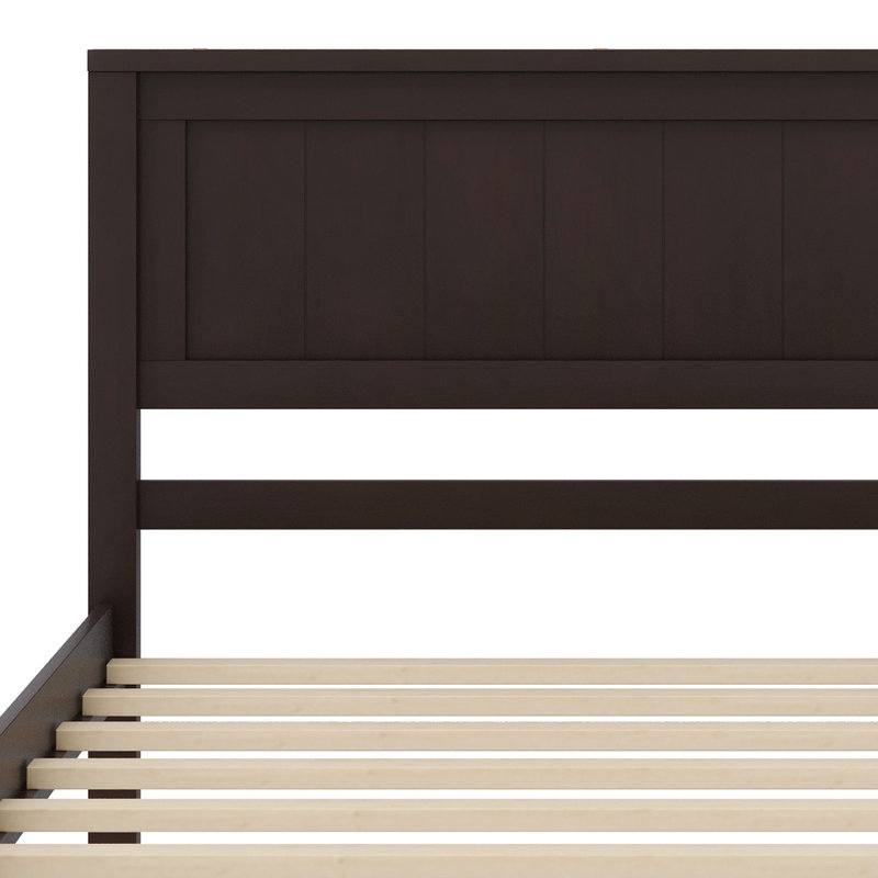 Structure de lit plateforme avec tête de lit, support en lattes de bois, Espresso