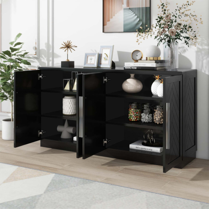 Grand buffet de rangement avec 4 portes, tablettes réglables et poignées argentées pour une organisation polyvalente