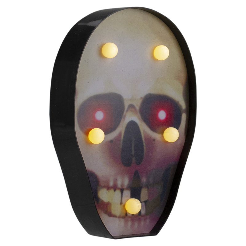 7" Lighted Black And Red Skull Halloween Decoration