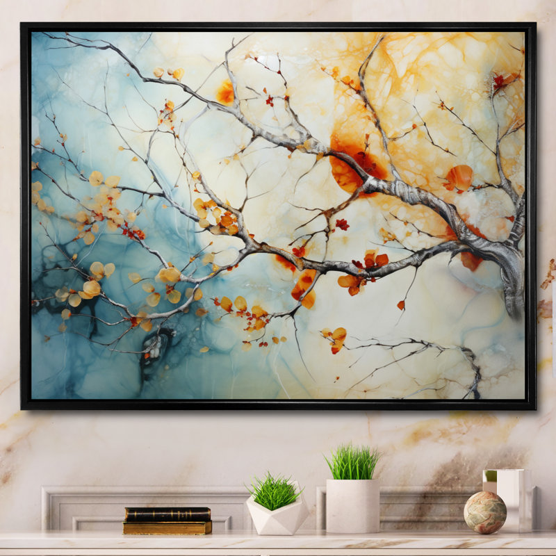 Orange, bleu sarcelle, érable brillant, agate I - arbre érable, art mural, H 34 po x l 44 po x P 1,5 po, Cadre flottant noir
