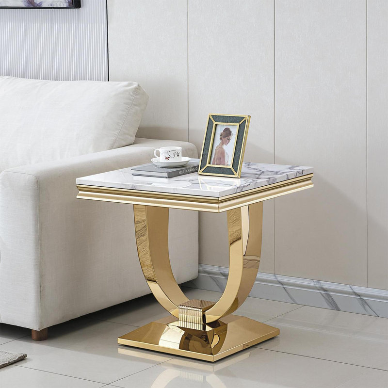 Table de bout avec base en forme d'anneau en acier inoxydable poli, Blanc, Doré