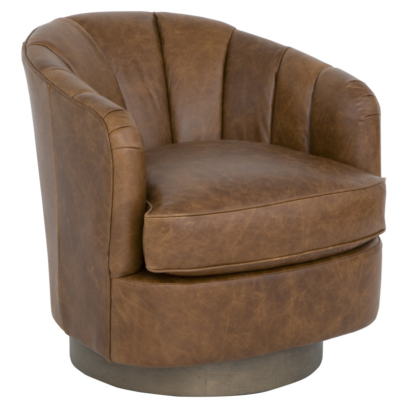 Fauteuil demi-tonneau pivotant en cuir Tipsy, Laiton brillant, Cuir véritable brun moyen