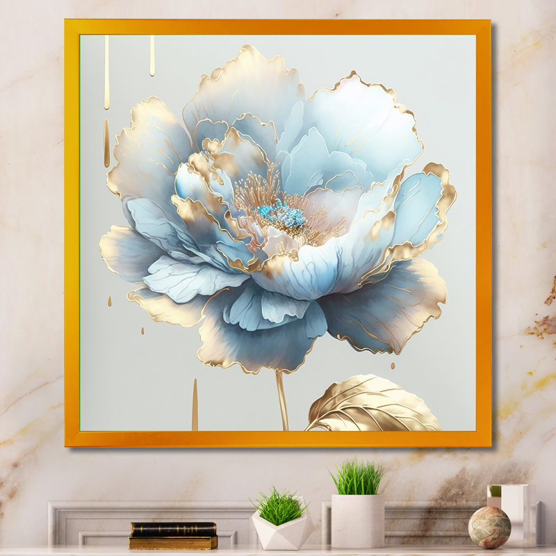 «Chic Blue Blooming Flower II», peinture sur toile, H 30 po x l 30 po x P 1 po, Toile avec cadre photo doré