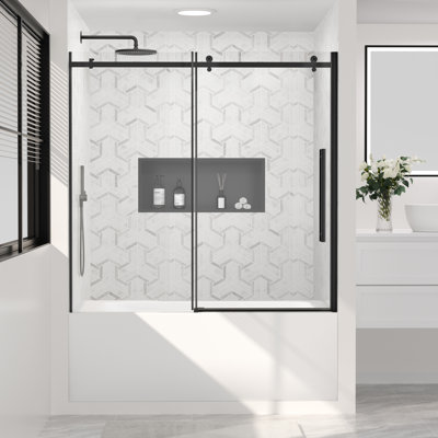 56–60" W x 58" H Semi-Frameless Sliding Tub Door with Fixed Panel, Matte Black, Nano-Coated Tempered Glass