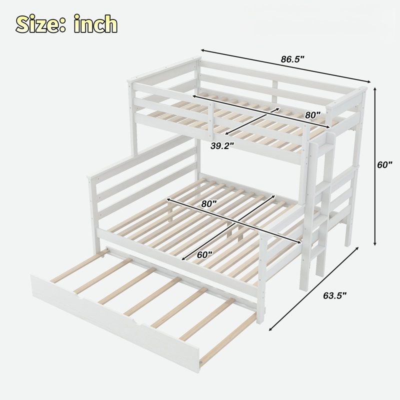 Lit superposé en bois avec lit gigogne et conception escamotable indépendante, Blanc