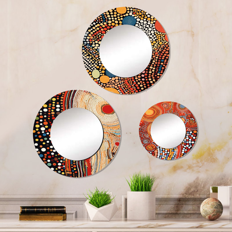 Aboriginal Circular Dot Amber Compositions II Metal Round Mirror