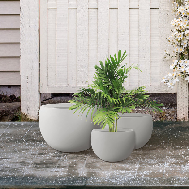 Wurster 3 Piece Lightweight Concrete Outdoor Round Planter, 13", 10.5" and 8" Tall Set, Pure White