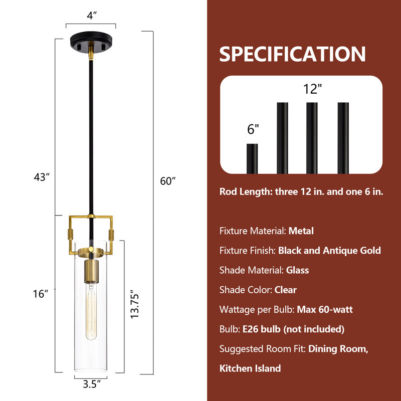 Black and Antique Gold 1-Light Mini Pendant with Clear Cylindrical Glass Shade, Black/Antique Gold, 1