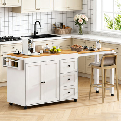 Îlot de cuisine 74,8 po avec table extensible, 3 tiroirs, prise de courant et roues, chariot de rangement avec support à épices
