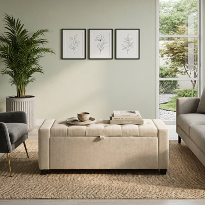 Linen Beige Upholstered Tufted Storage Ottoman Bench, End of Bed Storage for Living Room and Entryway, Supports 350 lb