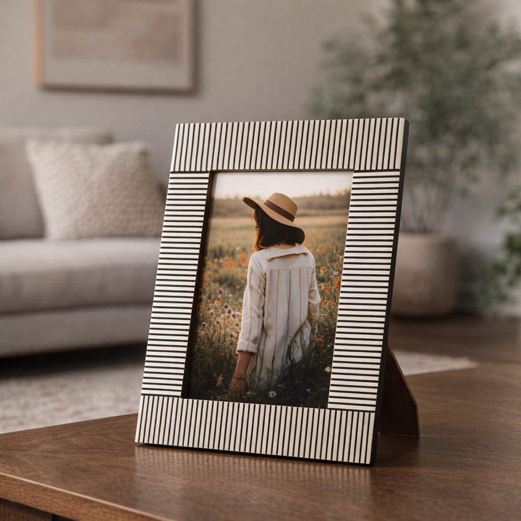 4" x 6" Decorative Photo Frame - Contemporary Polyresin Black and White Etched Line Design Picture Frame - Home or Office Decor - Family Photo Display