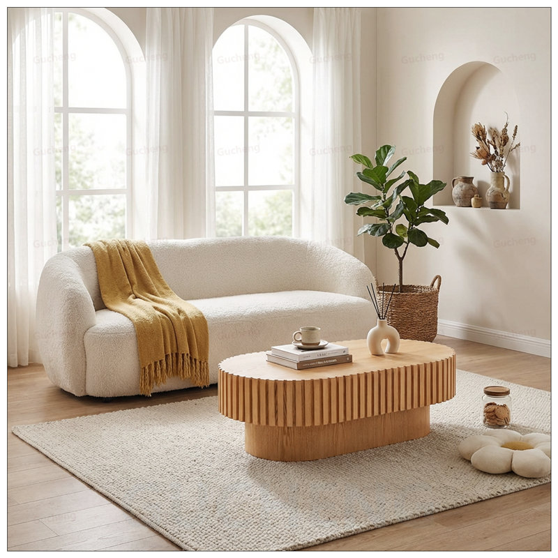 Table basse ovale, conception cannelée moderne Mid-Century avec piédestal, bois classique pour le salon et les petits espaces