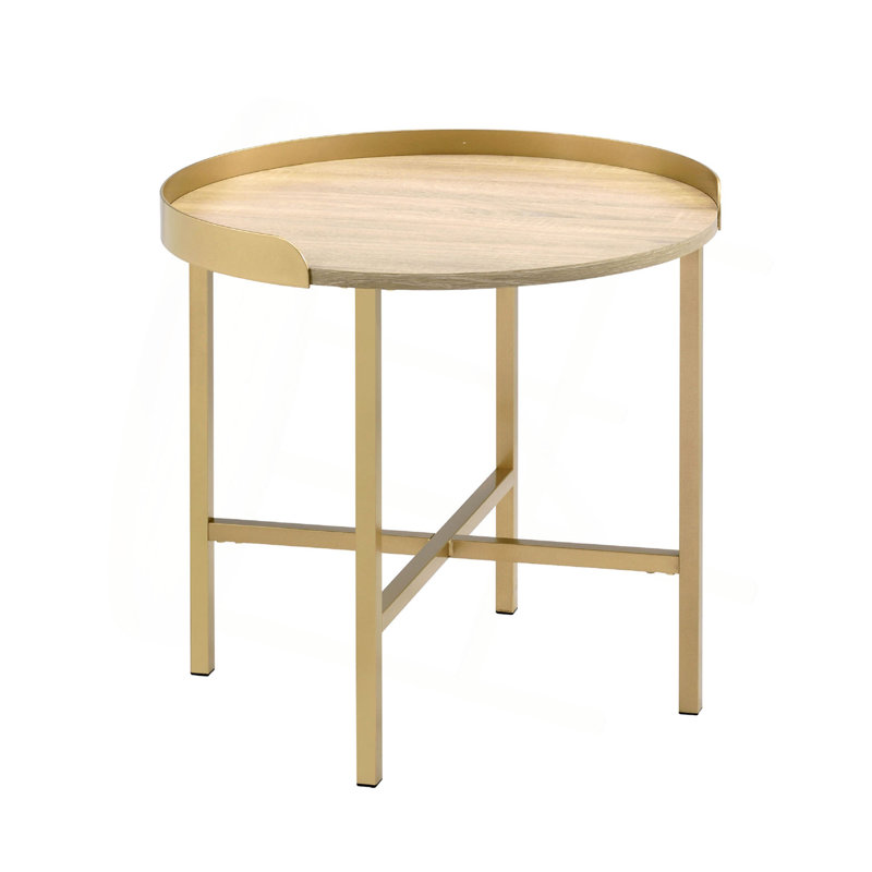 Table de bout ronde avec plateau, chêne et or