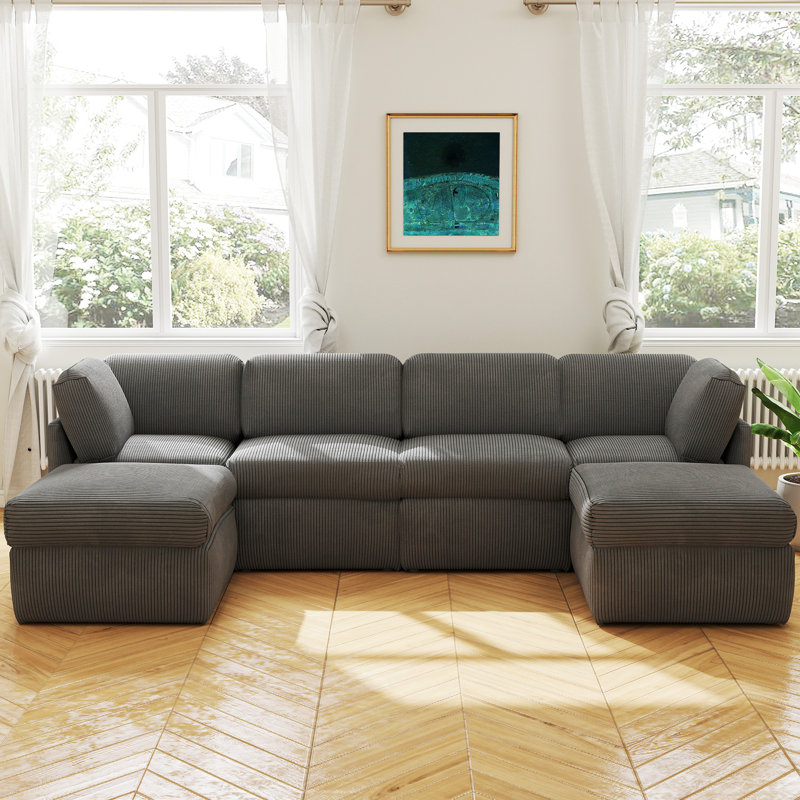 Joko 130.7" 6-Seater Corduroy Reversible Modular Corner Sectional Sofa with Ottoman U-Shape, Gray Corduroy