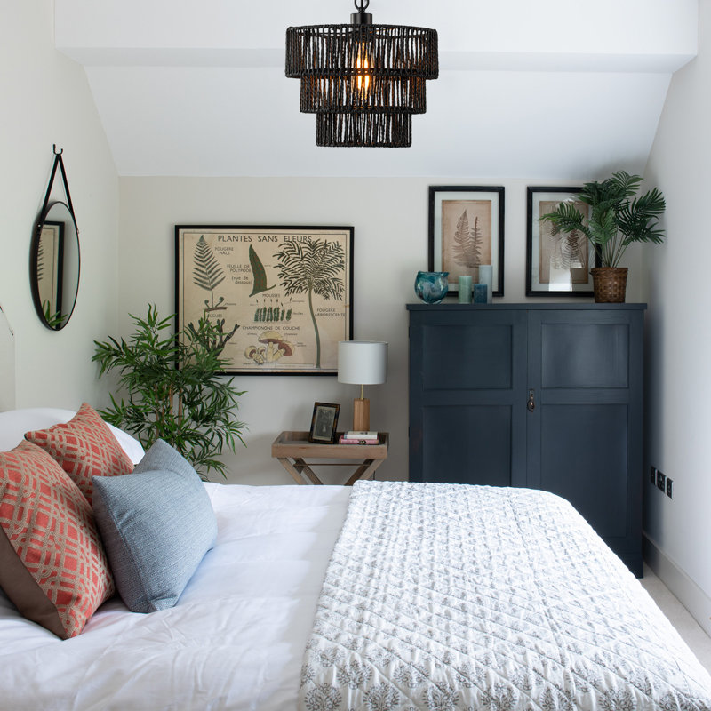 1-Light Hanging Chandelier with 3-Tier Rattan Woven Shade, Black, Black