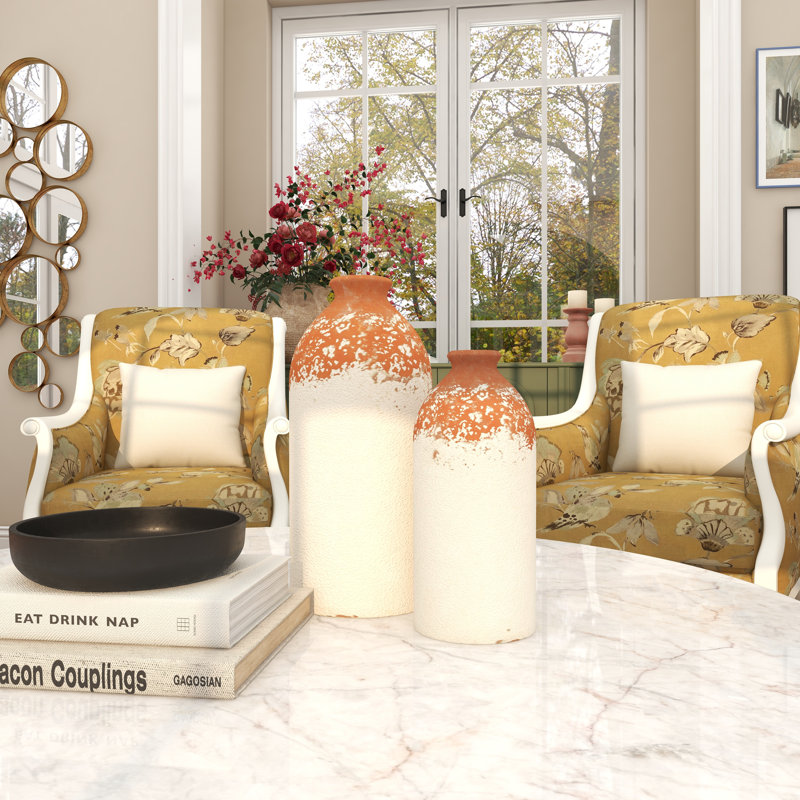 Set of 2 White and Terracotta Ceramic Bottle-Shaped Vases