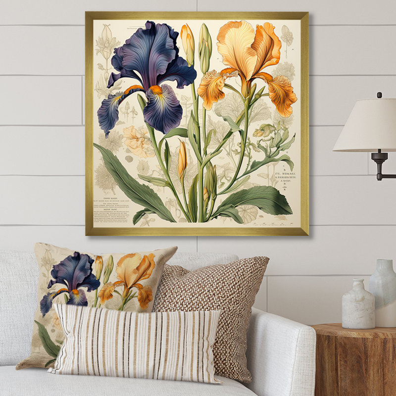 Iris bleu et doré, illustration rétro sur toile, H 36 po x l 36 po x P 1,5 po, Cadre doré à une seule photo