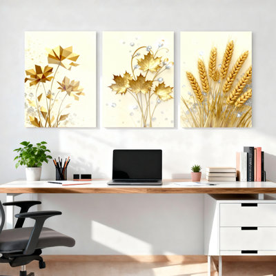 «Golden Floral and Wheat», reproduction d'art sur toile abstraite (ensemble de 3)