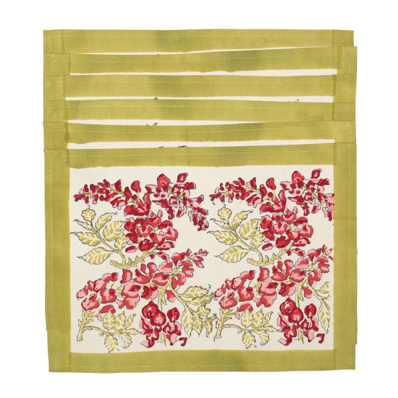 Wisteria 100% Cotton Floral Rectangle Placemat, Green/Pink