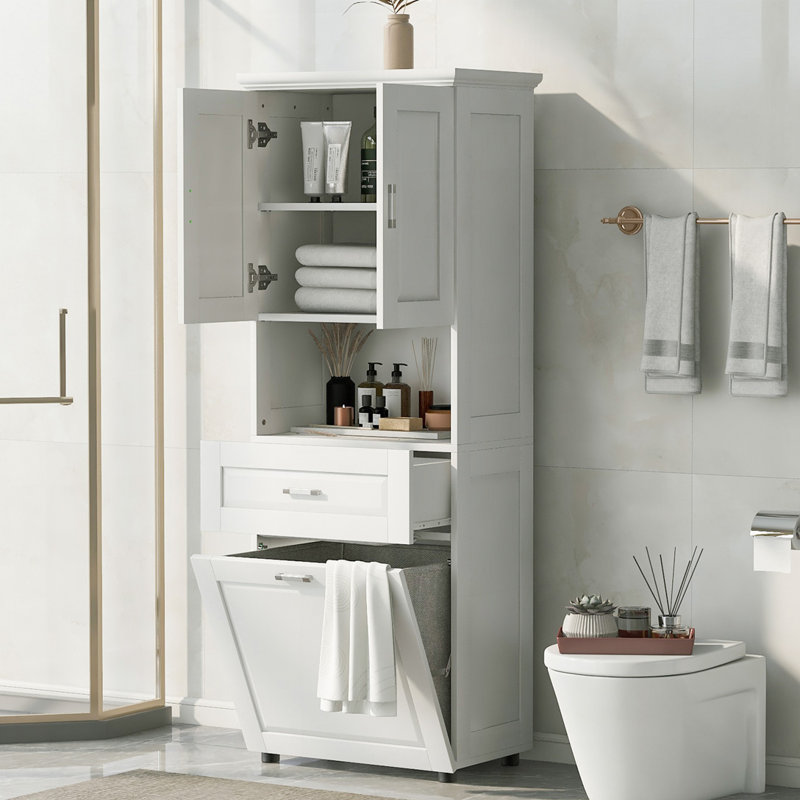 Armoire de salle de bain avec panier à linge inclinable, Blanc
